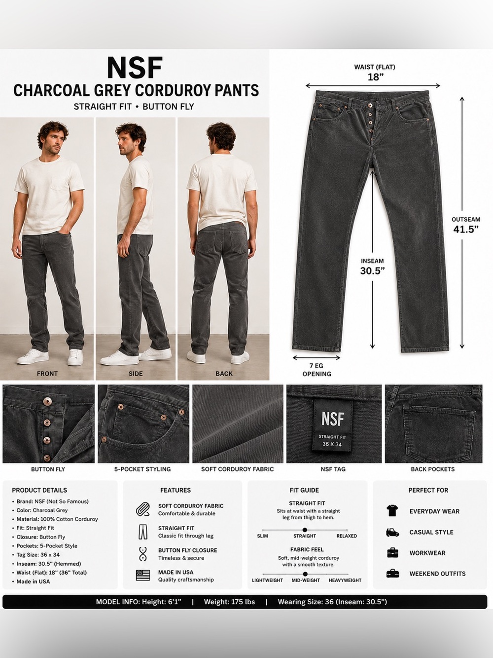 NSF gray Corduroy Pants Men’s 36x30.5 Straight Fit Button Fly Soft Corduroy